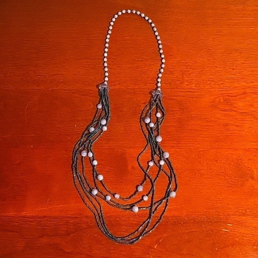 SILVER & GRAY BEADED NECKLACE MULTISTRANDS of DARK SILVER W/ CRYSTAL FLOWERS